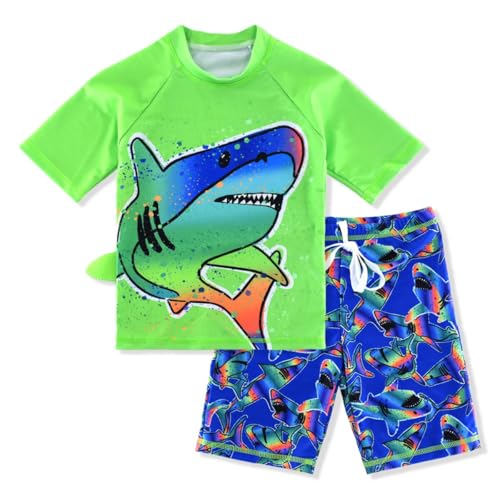 SINOLY Boys Two Piece Rash Guard Swimsuits Kids Short Sleeve Sunsuit Swimwear Sets Green Shark 7T - Image 1