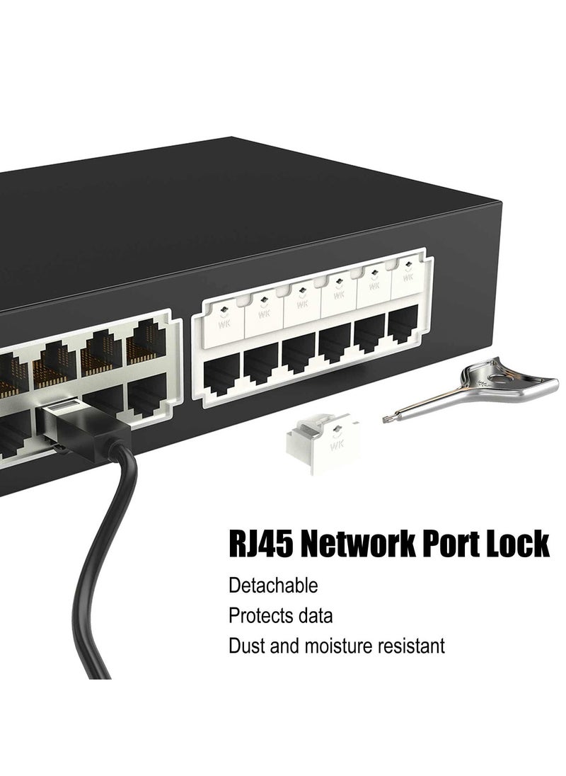 SYOSI - 12 قطعة قفل منفذ RJ45 بمفتاح واحد، ومانع غبار RJ45 وواقي المنفذ، وغطاء غطاء غبار إيثرنت لأجهزة المنفذ الأنثوي، متوافق مع أجهزة منفذ RJ45، أبيض - Image 1