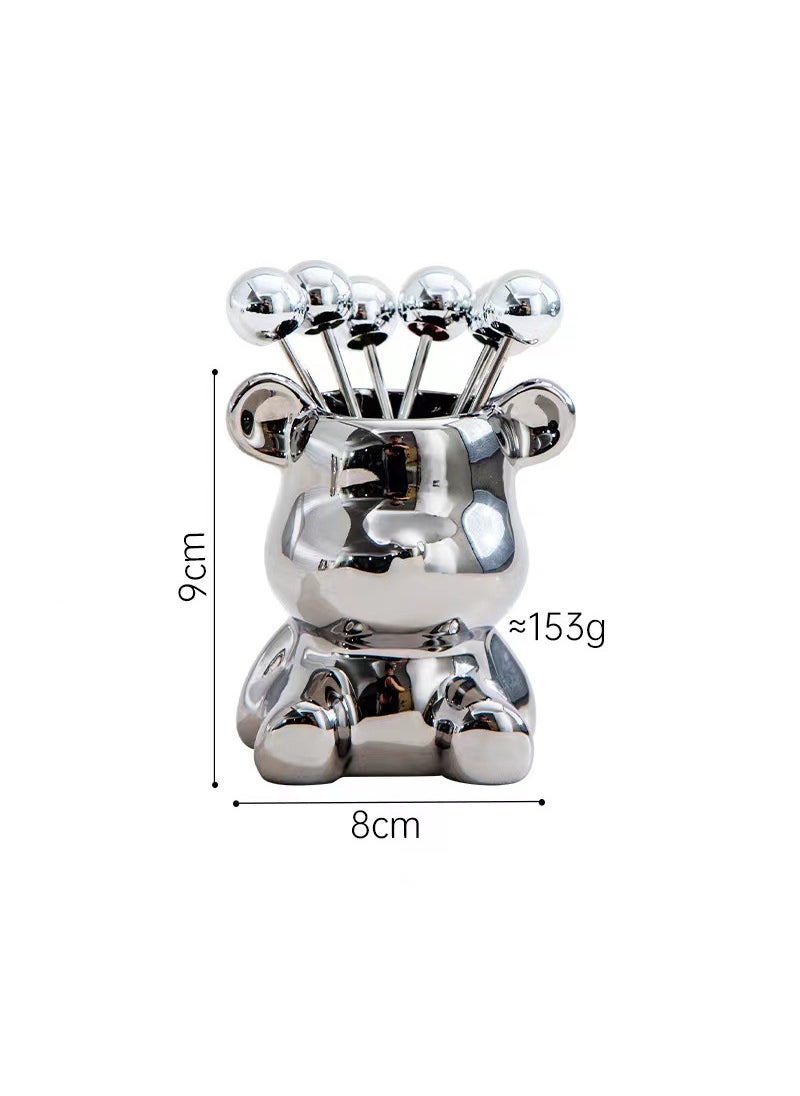 Generic - Light Luxury ins Ceramic Creative Cartoon Cute Multifunctional Household Stainless Steel Fruit Fork Tableware Storage Jar Set - Image 1