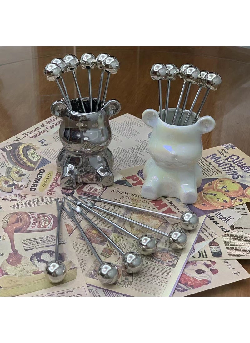 Generic - Light Luxury ins Ceramic Creative Cartoon Cute Multifunctional Household Stainless Steel Fruit Fork Tableware Storage Jar Set - Image 1