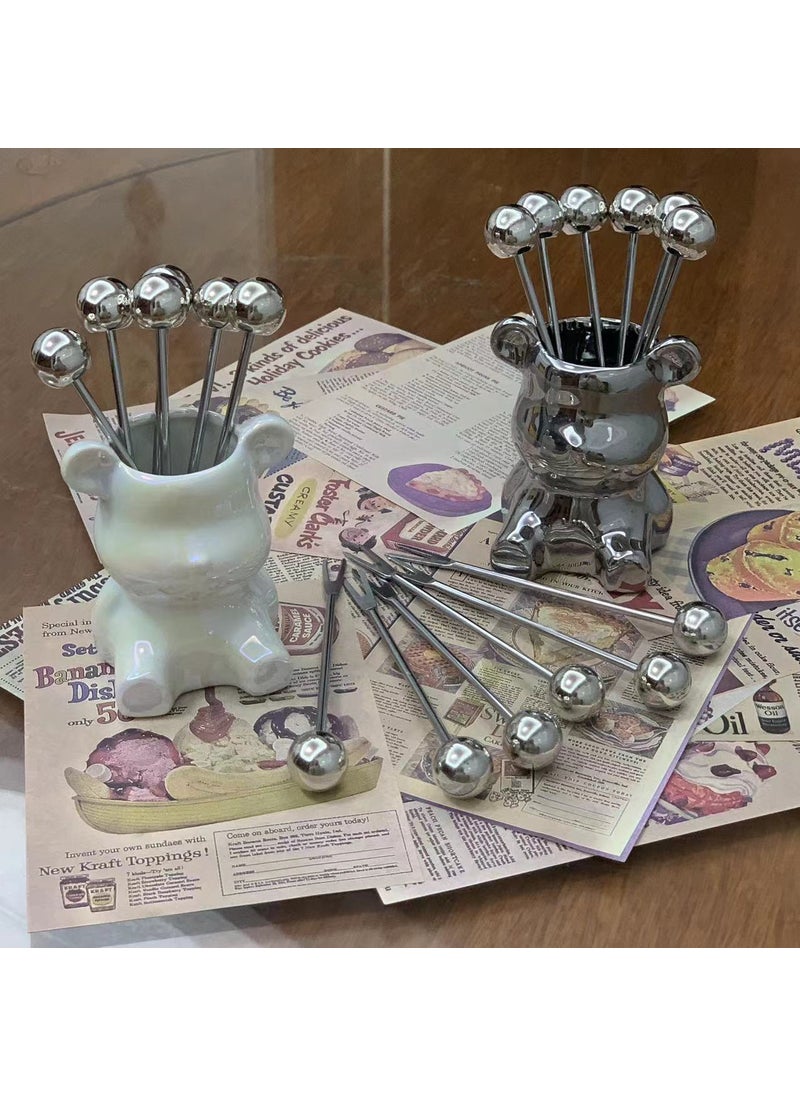 Generic - Light Luxury ins Ceramic Creative Cartoon Cute Multifunctional Household Stainless Steel Fruit Fork Tableware Storage Jar Set - Image 1
