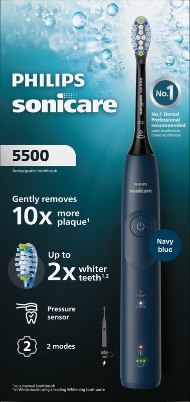 PHILIPS SONICARE 5500 Series Electric Toothbrush - Next-Generation Sonicare Technology, Pressure Sensor, 2 Brushing Settings, SmarTimer, BrushPacer, 21-day Runtime, Navy Blue, Model HX7113/04, UAE Certified - Image 1