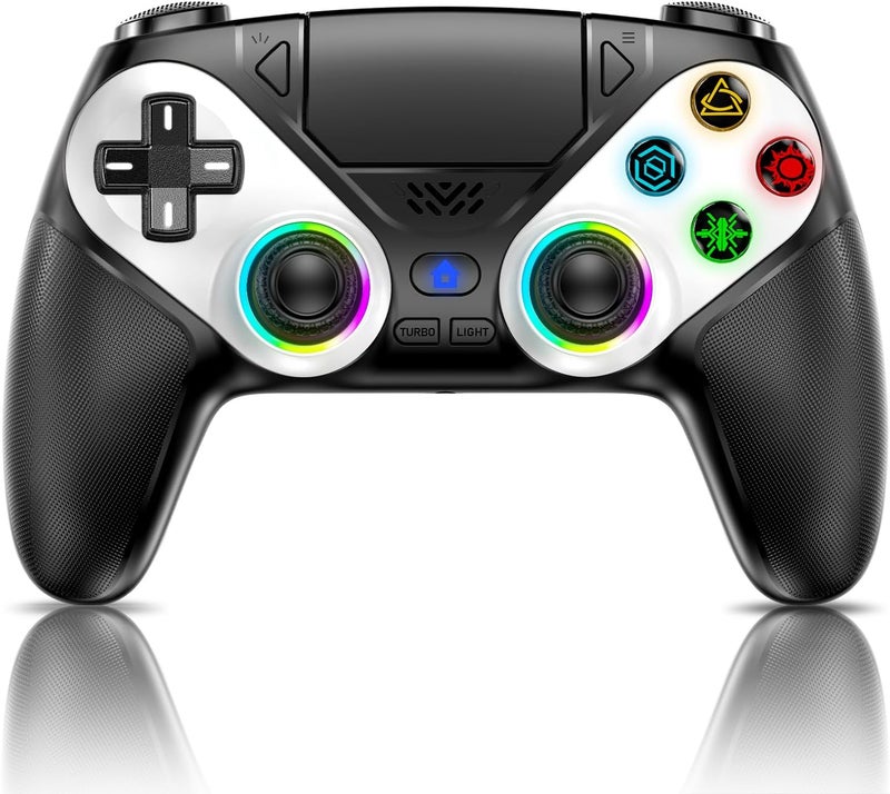 Gamrombo وحدة تحكم لاسلكية LED من لـ PS5، متوافقة مع PS5 Pro/Slim/PC، اهتزاز مزدوج، وظيفة ماكرو/توربو، مقبس صوت 3.5 مم، تحكم حركي بـ 6 محاور مع مكبر صوت (أسود) - Image 1
