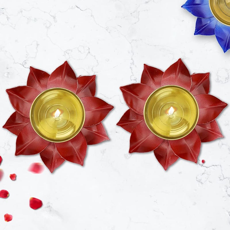 Dalvkot Dalvkot Red Color Kamal Patta Lotus Design Brass Diyas Oil Lamps for Puja Room Decoration and Diwali Festival 2  - Image 1