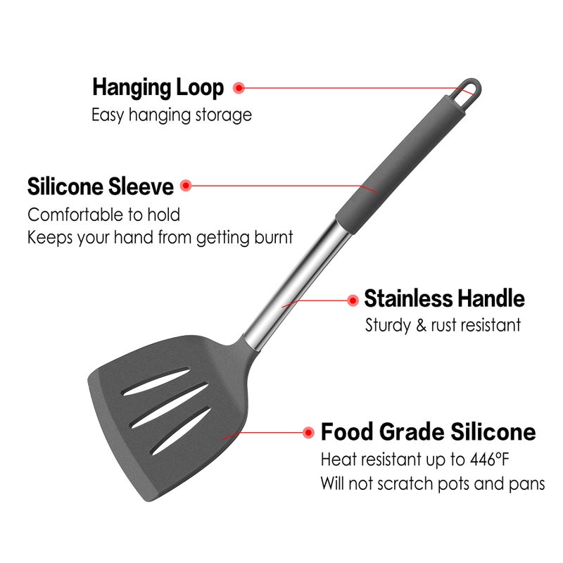 LIANYU 15-Piece Cooking Kitchen Utensils Set with Holder, Silicone Kitchen Tools Stainless Steel Handle, Slotted Spatula Spoon Turner Tong Whisk Brush for Cooking, Gray - Image 3