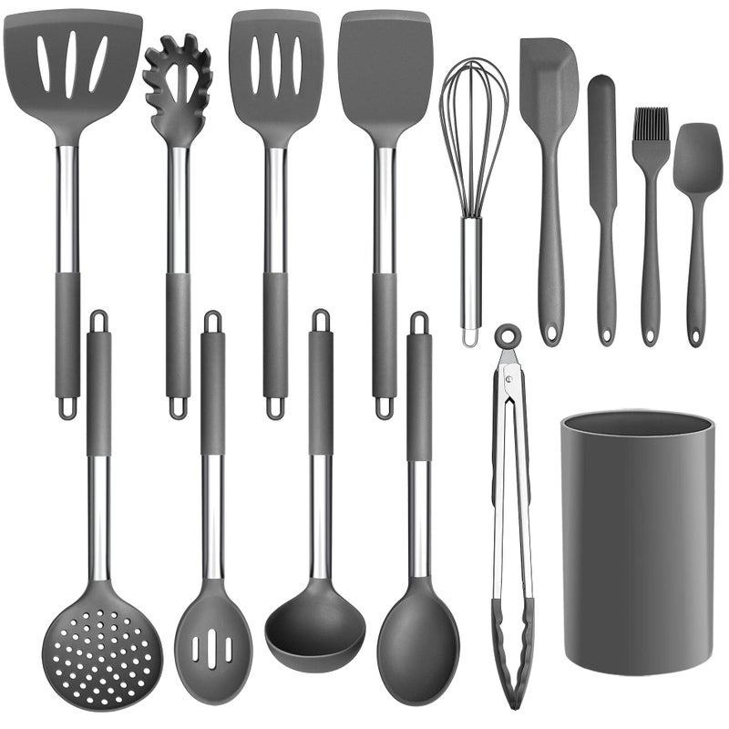 LIANYU 15-Piece Cooking Kitchen Utensils Set with Holder, Silicone Kitchen Tools Stainless Steel Handle, Slotted Spatula Spoon Turner Tong Whisk Brush for Cooking, Gray - Image 1