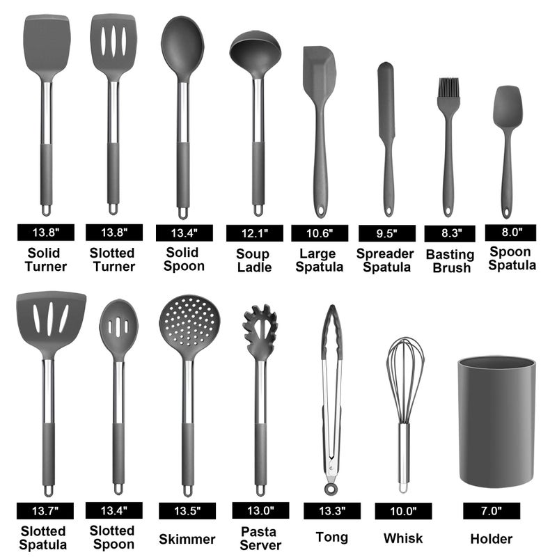 LIANYU 15-Piece Cooking Kitchen Utensils Set with Holder, Silicone Kitchen Tools Stainless Steel Handle, Slotted Spatula Spoon Turner Tong Whisk Brush for Cooking, Gray - Image 2