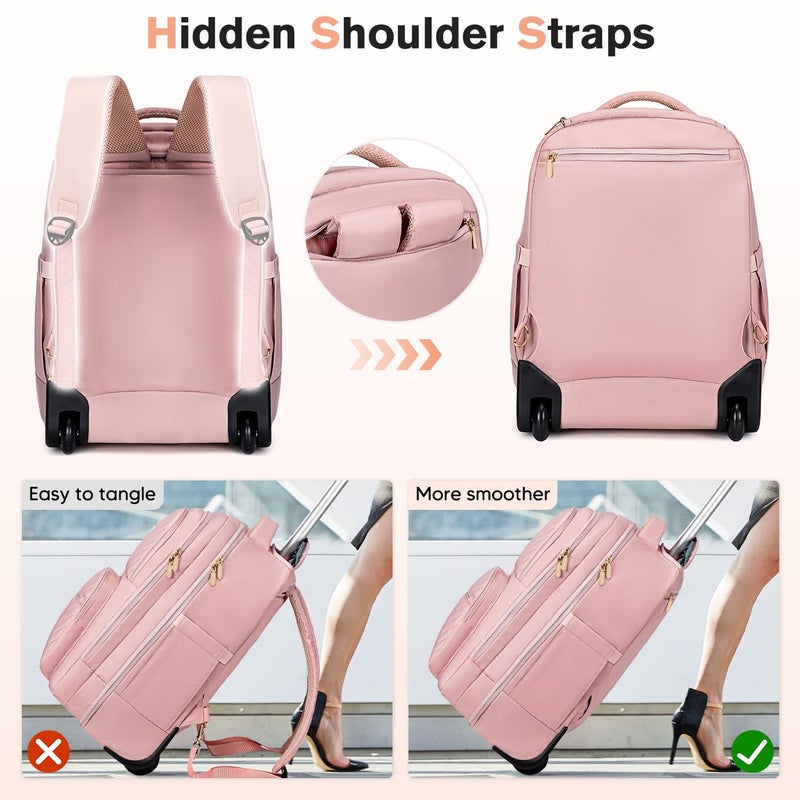 Vessgra Rolling Backpack for Women, 45L Travel Backpack with Wheelsï¼ŒRolling Laptop Bag Men, Quiet Rollers 17.3 Inch Laptop Backpack with Wheels for Work Business,Pink (1Pc Backpack with 3 Packing Cubes) - Image 5