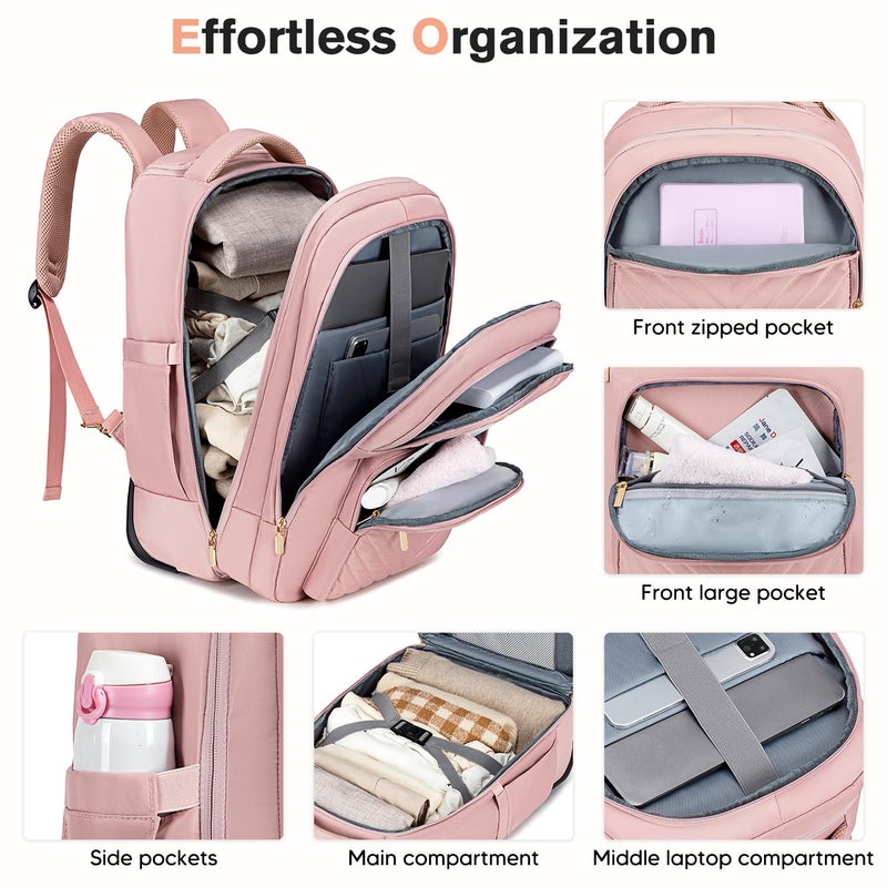 Vessgra Rolling Backpack for Women, 45L Travel Backpack with Wheelsï¼ŒRolling Laptop Bag Men, Quiet Rollers 17.3 Inch Laptop Backpack with Wheels for Work Business,Pink (1Pc Backpack with 3 Packing Cubes) - Image 4
