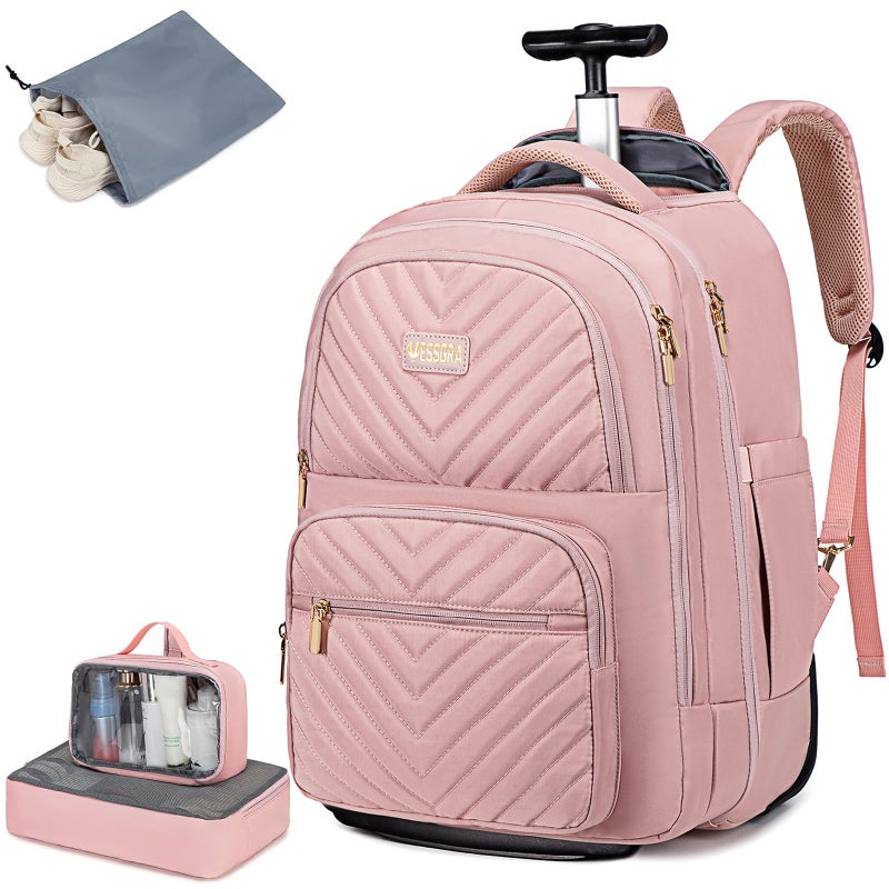 Vessgra Rolling Backpack for Women, 45L Travel Backpack with Wheelsï¼ŒRolling Laptop Bag Men, Quiet Rollers 17.3 Inch Laptop Backpack with Wheels for Work Business,Pink (1Pc Backpack with 3 Packing Cubes) - Image 1