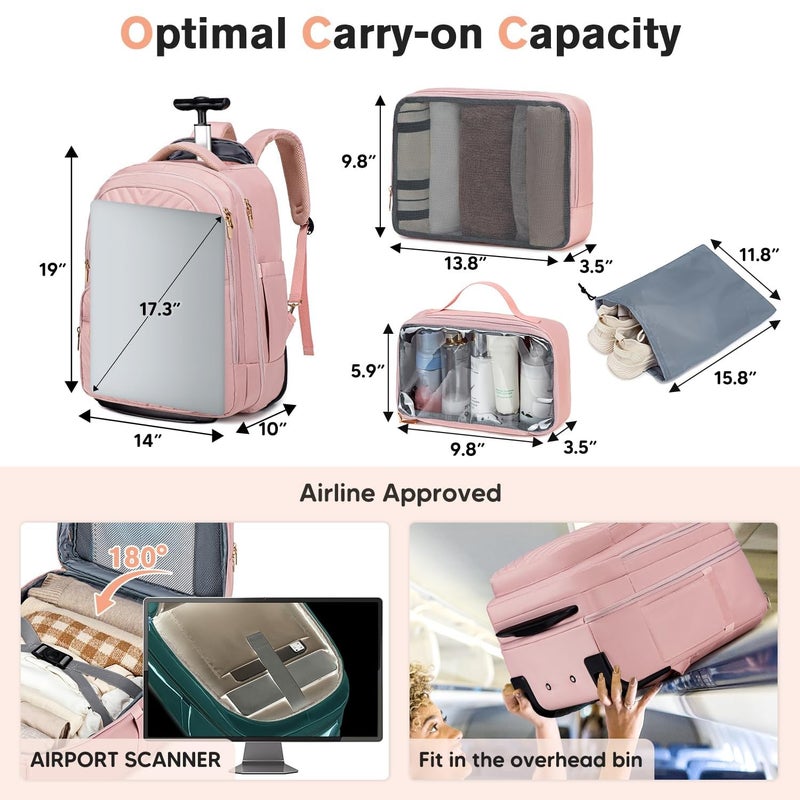Vessgra Rolling Backpack for Women, 45L Travel Backpack with Wheelsï¼ŒRolling Laptop Bag Men, Quiet Rollers 17.3 Inch Laptop Backpack with Wheels for Work Business,Pink (1Pc Backpack with 3 Packing Cubes) - Image 2