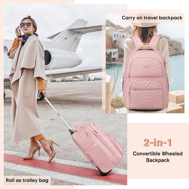 Vessgra Rolling Backpack for Women, 45L Travel Backpack with Wheelsï¼ŒRolling Laptop Bag Men, Quiet Rollers 17.3 Inch Laptop Backpack with Wheels for Work Business,Pink (1Pc Backpack with 3 Packing Cubes) - Image 3