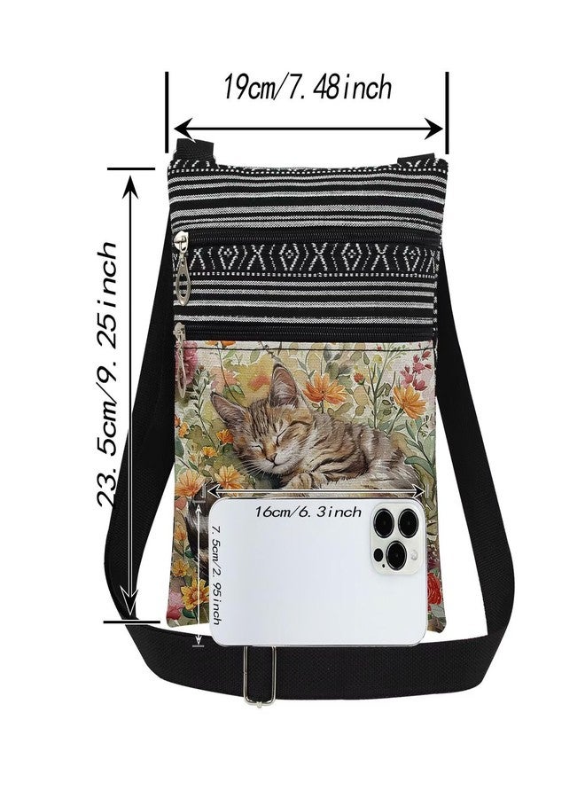 XiaoGalaee Cat Print Crossbody Bag Slumbering Tabby Kitten with Floral Adjustable Shoulder Strap Messenger Bag Birthday Present for Nature-Loving Daily Used Storage Purse A Gift for Cat Lovers - Image 4
