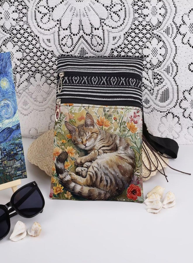 XiaoGalaee Cat Print Crossbody Bag Slumbering Tabby Kitten with Floral Adjustable Shoulder Strap Messenger Bag Birthday Present for Nature-Loving Daily Used Storage Purse A Gift for Cat Lovers - Image 3