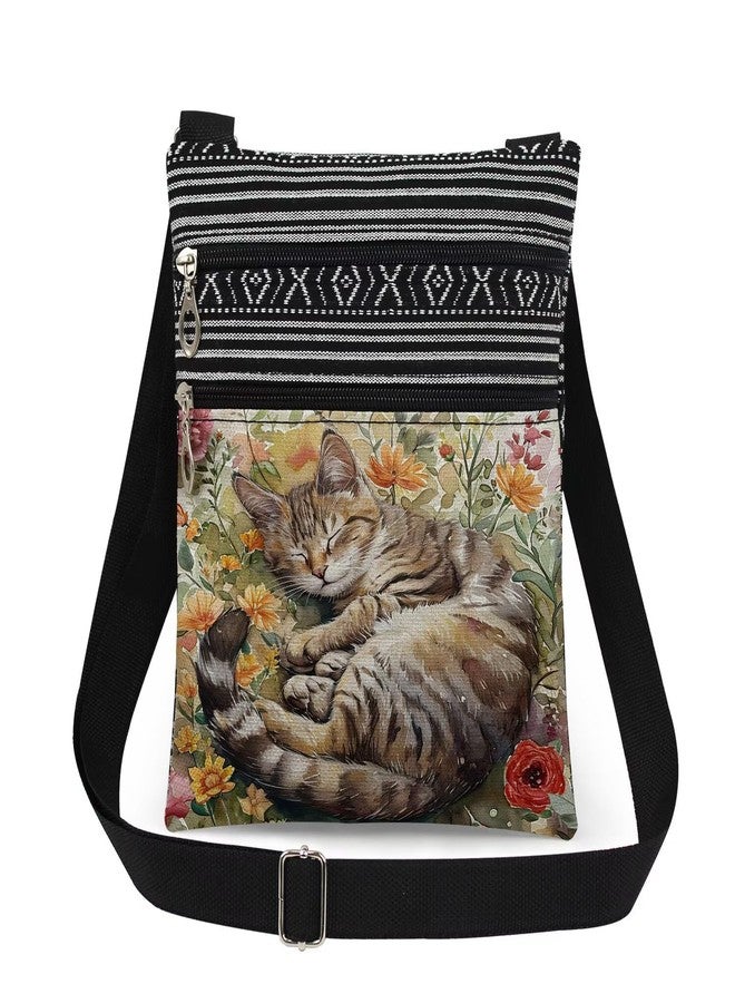 XiaoGalaee Cat Print Crossbody Bag Slumbering Tabby Kitten with Floral Adjustable Shoulder Strap Messenger Bag Birthday Present for Nature-Loving Daily Used Storage Purse A Gift for Cat Lovers - Image 1