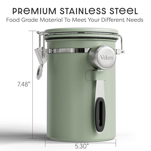 Veken Coffee Canister with Window Airtight Stainless Steel Kitchen Food Storage Container with Lids Date Tracker and Scoop for Grounds Coffee Beans Tea Flour Cereal Sugar Jars 22OZ Green - Image 3