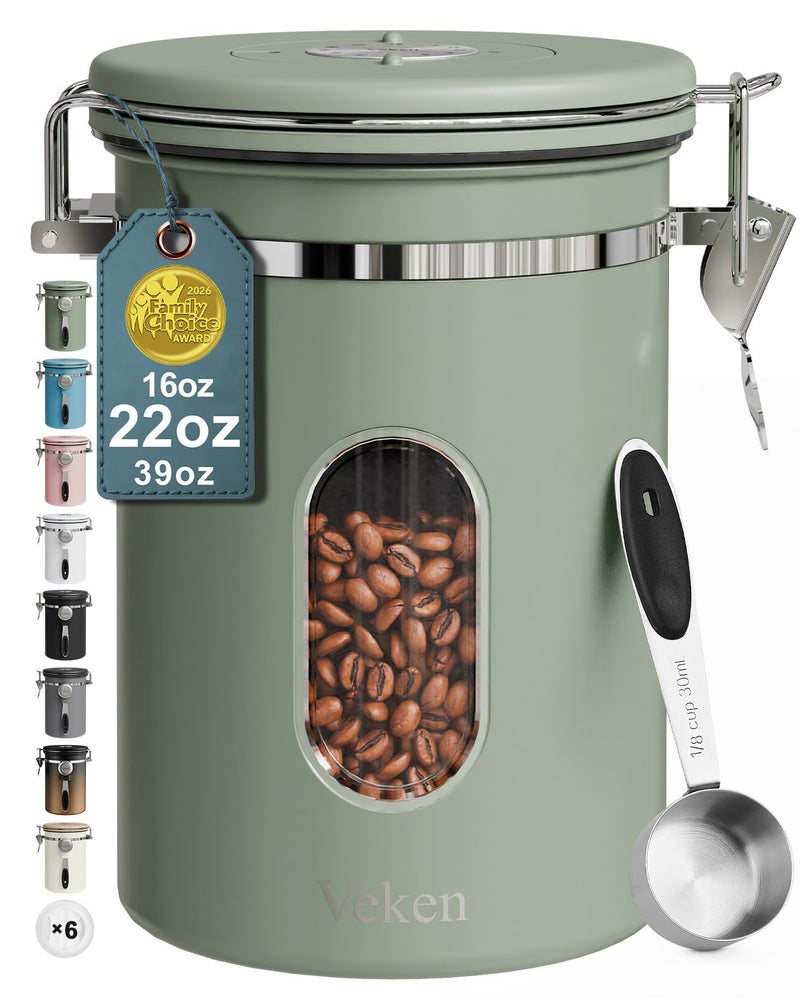 Veken Coffee Canister with Window Airtight Stainless Steel Kitchen Food Storage Container with Lids Date Tracker and Scoop for Grounds Coffee Beans Tea Flour Cereal Sugar Jars 22OZ Green - Image 2