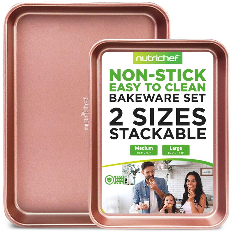 NutriChef 2-Piece Nonstick Cookie Sheets for Baking - Premium Medium & Large Size Baking Sheet Set - Thick Carbon Steel Bakeware Trays - Dishwasher Safe, Rose Gold - Image 1