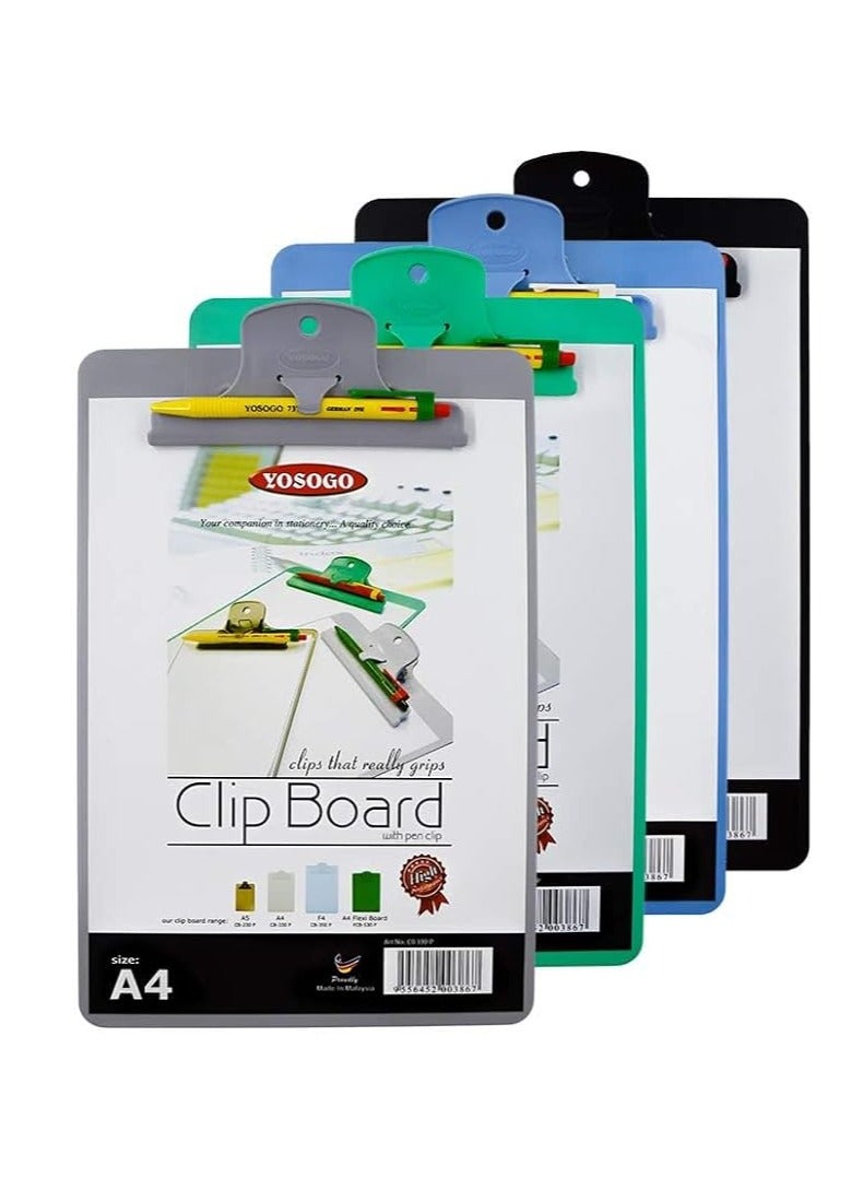Yosogo A4 Size Plastic Heat Resistant Clipboard With Bull Dog Clip, Attached Pen Holder and Bonus Pen (Assorted Friendly Colors) Holds upto 40 A4 Sheets - 1 Count - Image 1