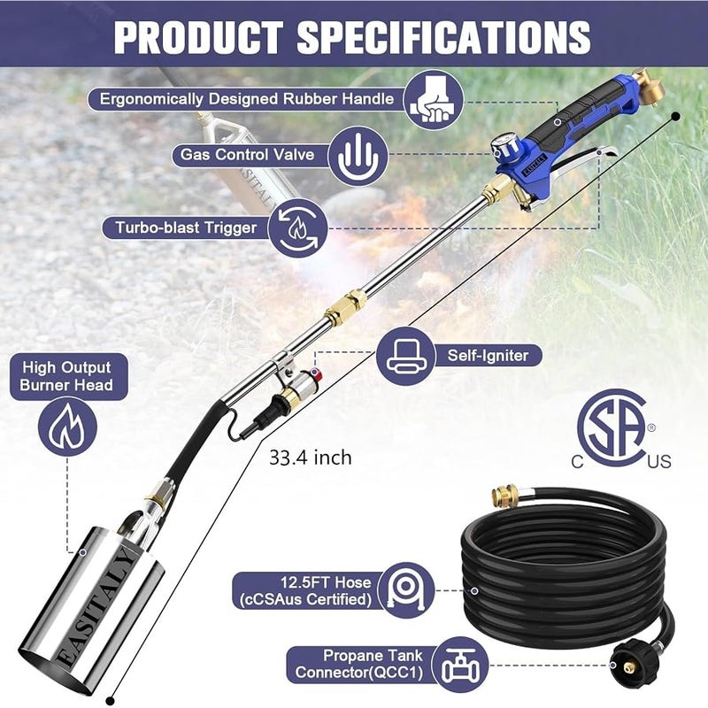 EASITALY Propane Torch Weed Burner Kit,High Output 2,100,000 BTU with 12.5FT Hose,Heavy Duty Blow Torch Flamethrower with Long/Short Mode for Flame Weeding,Roofing,Ice Snow Melting,Road Marking,BBQ - Image 2
