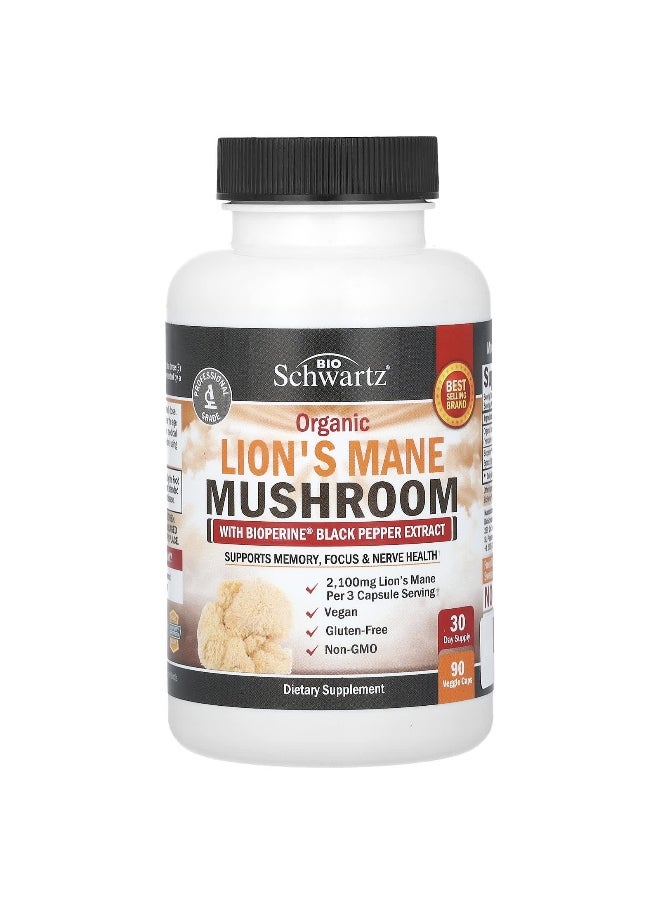 BioSchwartz - BioSchwartz, Organic Lion's Mane Mushroom with Bioperine Black Pepper Extract, 90 Veggie Caps - Image 1