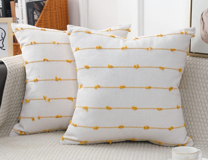 NUYECY مجموعة من وسادة رمي البوهو 2 2x22 بيج أصفر أريكة محايدة وسادة مع شرابة الزخرفة الزخرفية الأغطية مزرعة مزرعة الأريكة لأريكة الأريكة غرفة المعيشة - Image 1