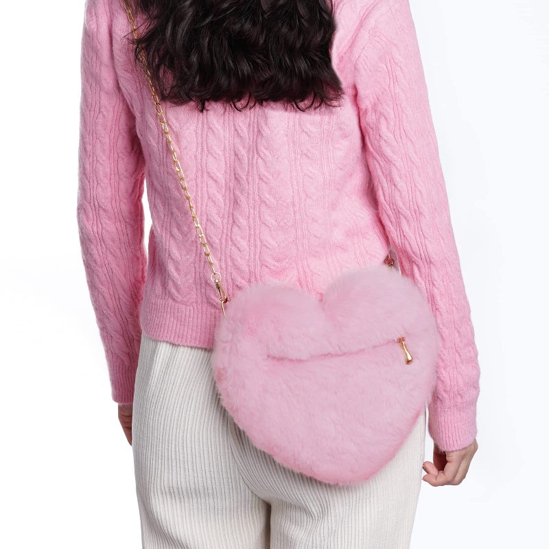 Miayon Heart Shaped Faux Fur Clutch Purse Fluffy Crossbody Shoulder Bag for Women Halloween Christmas Valentine Pink - Image 5