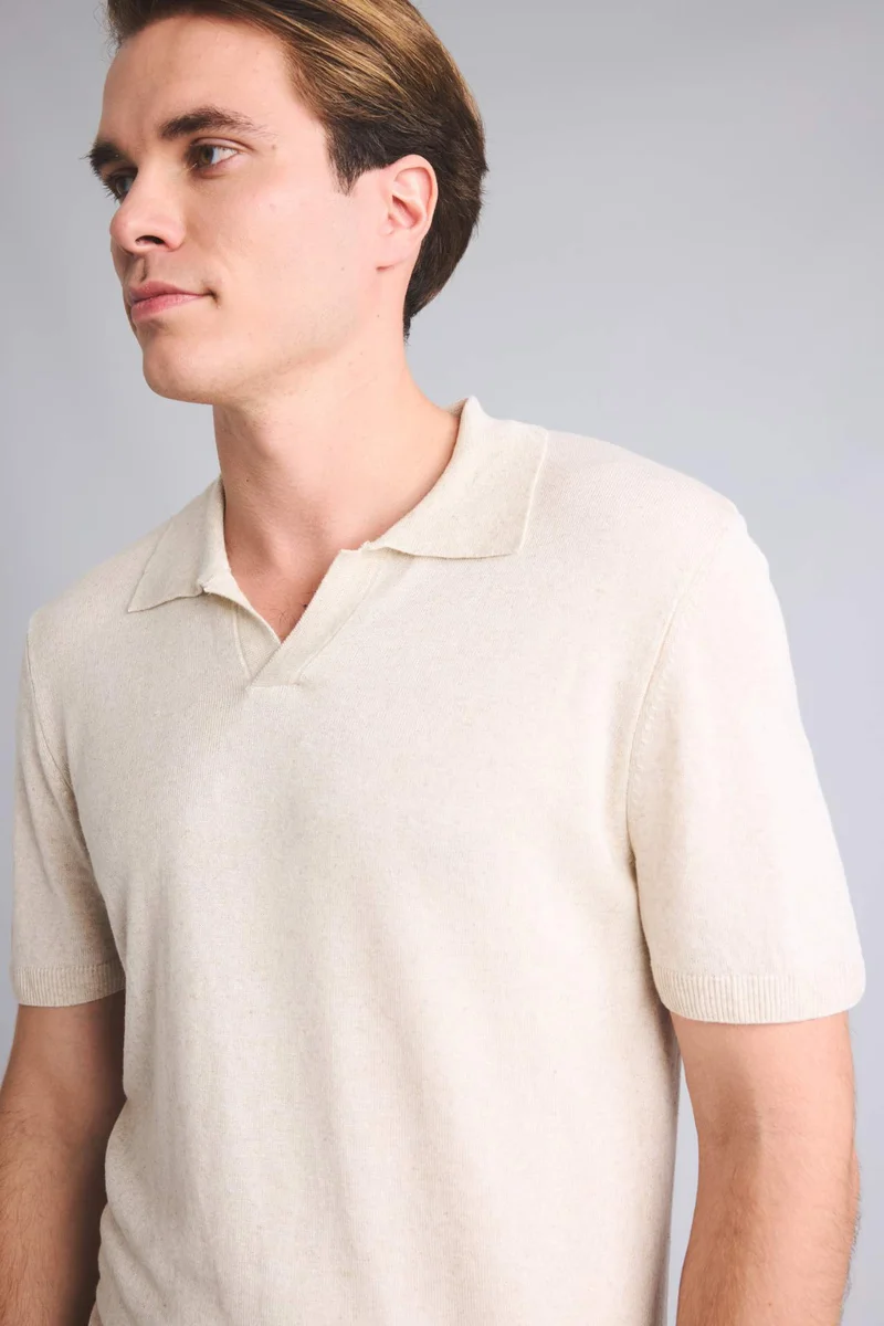 ديفاكتو Standard Fit Linen Blended Short Sleeve Polo T-Shirt