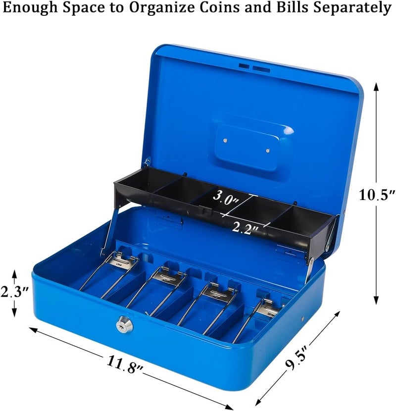 Jssmst Locking Large Metal Cash Box with Money Tray, Lock Money Box with Key, Blue, CB00513XL - Image 4