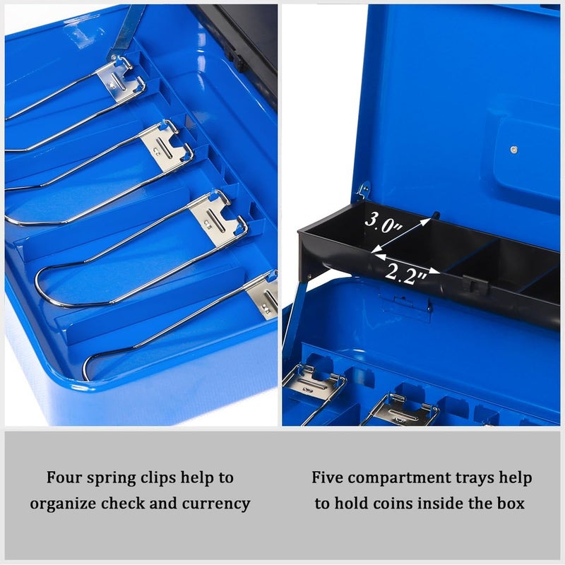 Jssmst Locking Large Metal Cash Box with Money Tray, Lock Money Box with Key, Blue, CB00513XL - Image 3