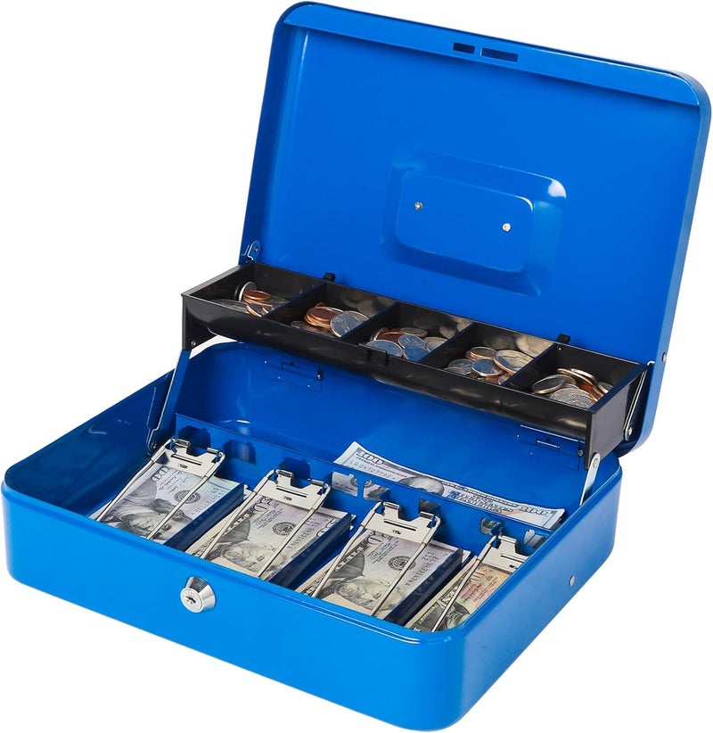 Jssmst Locking Large Metal Cash Box with Money Tray, Lock Money Box with Key, Blue, CB00513XL - Image 1