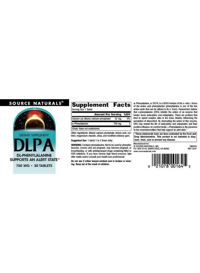 Source Naturals DLPA DL-Phenylalanine Supplement That Supports an Alert State* - 750 mg - 30 Tablets - Image 4