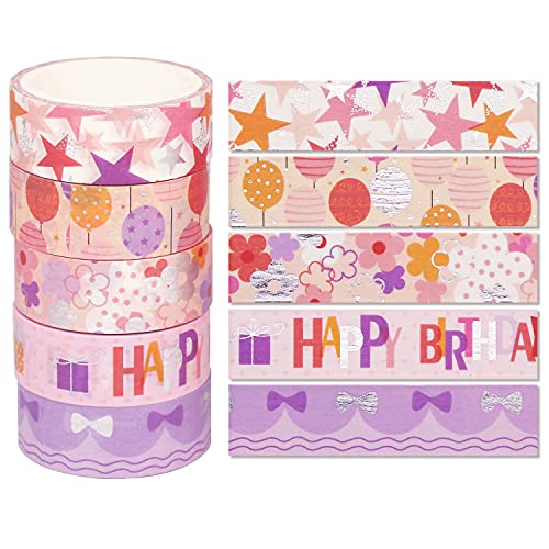 YUBX Birthday Washi Tape Set 15 Rolls Silver Foil Print Decorative Masking Tapes for Arts, DIY Crafts, Journals, Planners, Scrapbook, Wrapping - Image 2