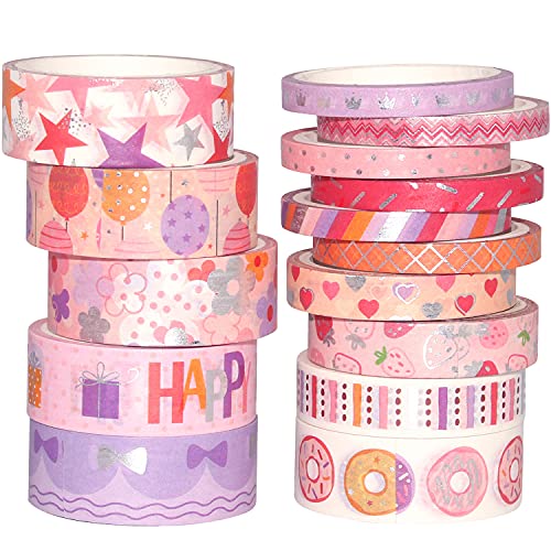 YUBX Birthday Washi Tape Set 15 Rolls Silver Foil Print Decorative Masking Tapes for Arts, DIY Crafts, Journals, Planners, Scrapbook, Wrapping - Image 1
