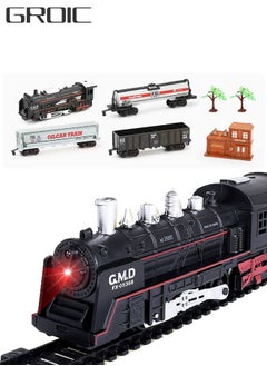 GROIC Electric Oil Can Train Set Track Retro Steam Train Model DIY Product Electric Train Toy Set Simulation Track Locomotive Carriages Oil Cans Trees Houses Sound Effects Lights  - Image 1