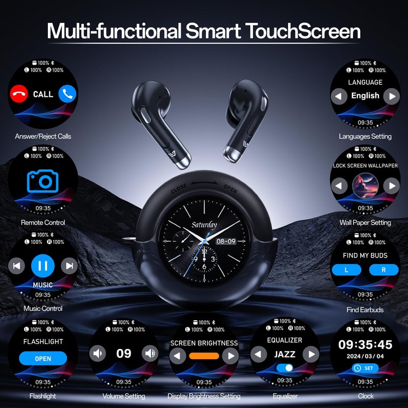 Weofly Lifefits Wireless Earbuds with Smart Touchscreen IPX4 Waterproof in Ear Earphones with Mic,Bluetooth 5.4 Headphones Bass Stereo,40H Playtime for Laptop Pad Phones Sports Workout (Black) - Image 2
