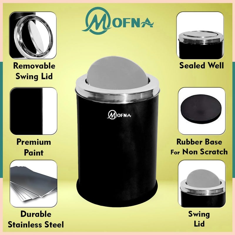 mofna mofna Stainless Steel Swing Type Dustbin 8x12 Inch and 10x14 Inch Set of 2 Pcs Garbage Bin with Removable Lid Round Shape Black Color Modern designuse for Home KitchenOffice  - Image 3