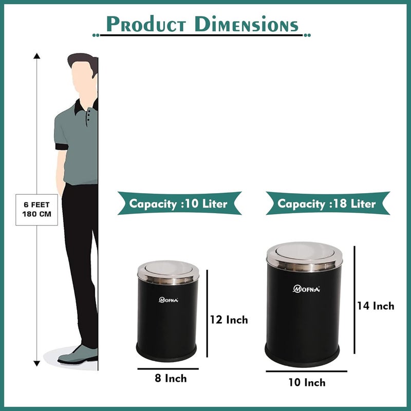 mofna mofna Stainless Steel Swing Type Dustbin 8x12 Inch and 10x14 Inch Set of 2 Pcs Garbage Bin with Removable Lid Round Shape Black Color Modern designuse for Home KitchenOffice  - Image 2