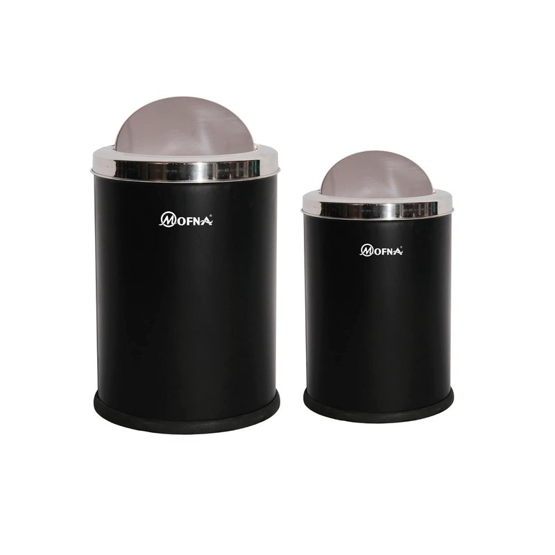 mofna mofna Stainless Steel Swing Type Dustbin 8x12 Inch and 10x14 Inch Set of 2 Pcs Garbage Bin with Removable Lid Round Shape Black Color Modern designuse for Home KitchenOffice  - Image 1