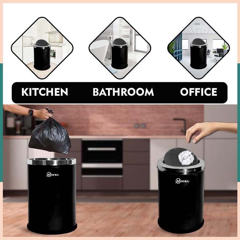 mofna mofna Stainless Steel Swing Type Dustbin 8x12 Inch and 10x14 Inch Set of 2 Pcs Garbage Bin with Removable Lid Round Shape Black Color Modern designuse for Home KitchenOffice  - Image 4