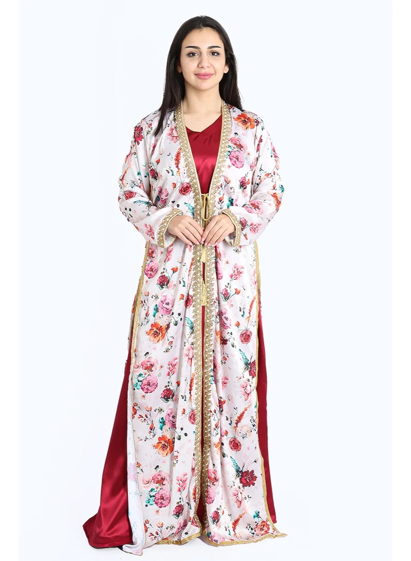 IKKXA Crystalized Floral Lace Beige and Red Kaftan IKW9713
