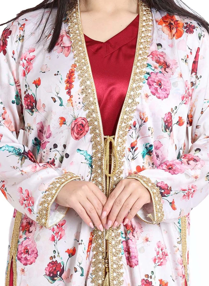 IKKXA Crystalized Floral Lace Beige and Red Kaftan IKW9713