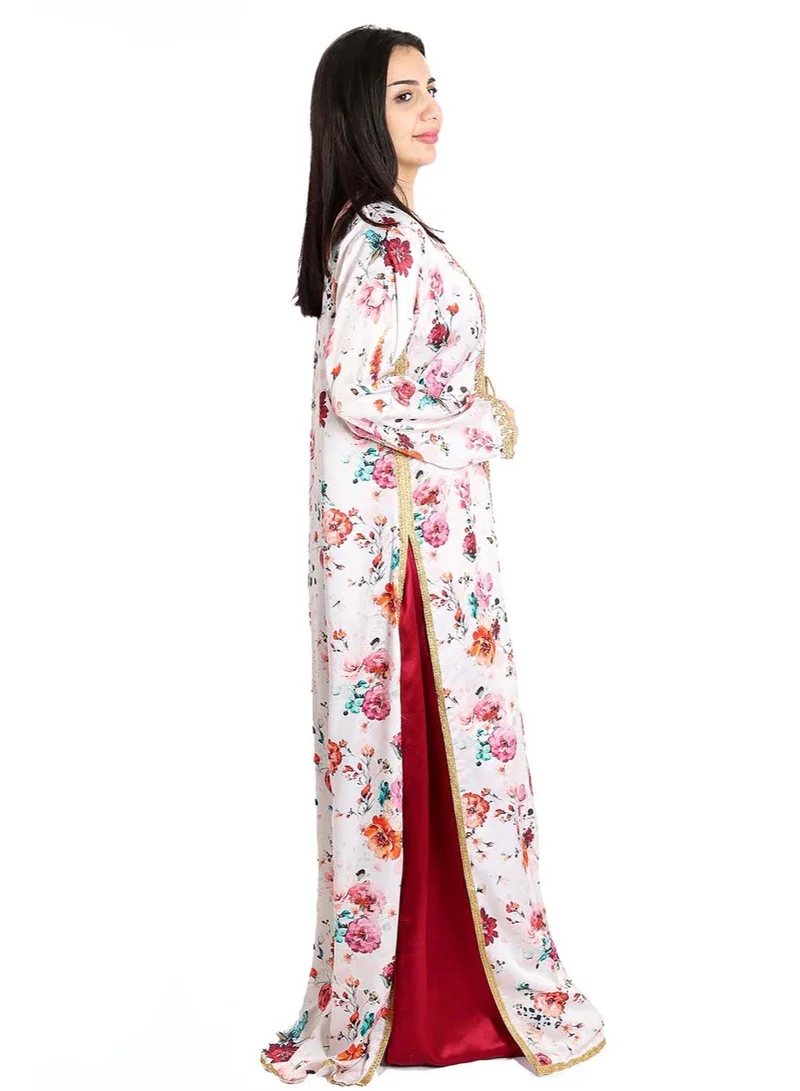 IKKXA Crystalized Floral Lace Beige and Red Kaftan IKW9713