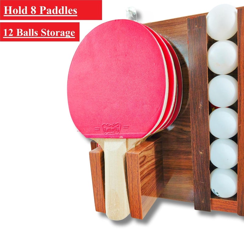 BEEWIBE Wall-Mounted Ping Pong Paddle Storage wooden Rack – Table Tennis Racket Display Stand for Holding 8 Paddles and 12 Balls. Ideal for Pong Ball Storage in Game Rooms. (Dark Brown) - Image 3