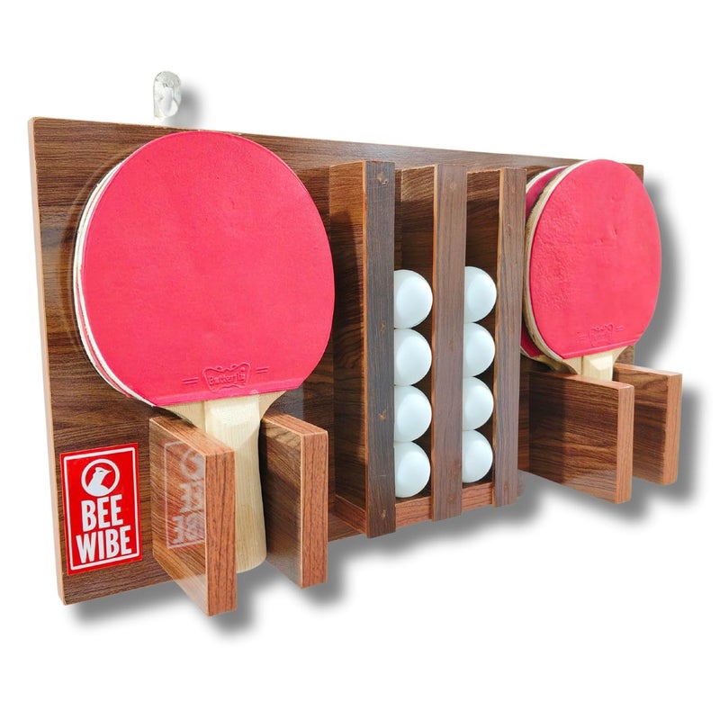 BEEWIBE Wall-Mounted Ping Pong Paddle Storage wooden Rack – Table Tennis Racket Display Stand for Holding 8 Paddles and 12 Balls. Ideal for Pong Ball Storage in Game Rooms. (Dark Brown) - Image 1