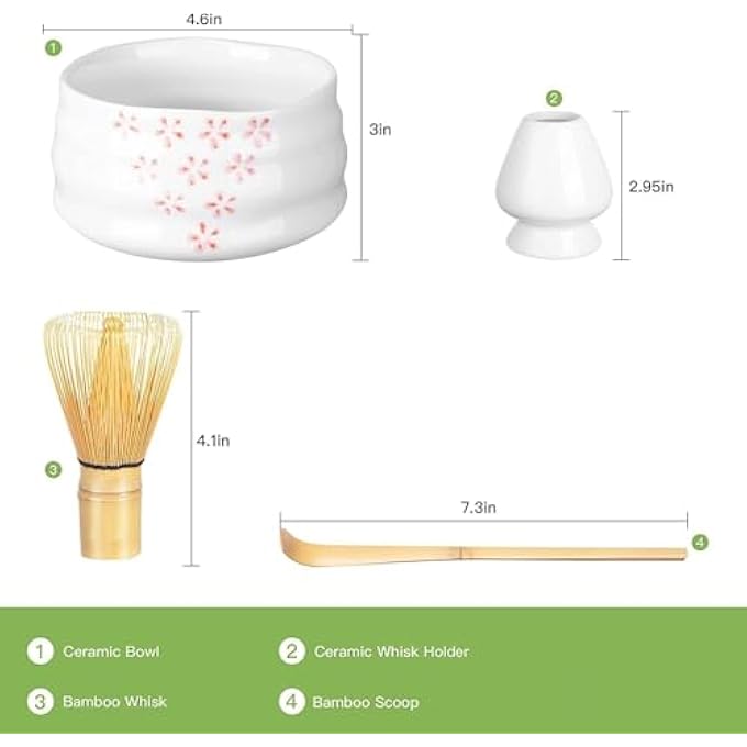 MostNow 4Pcs Matcha Tea SetTraditional Japanese Matcha Tea Ceremony Kit With Bamboo Whisk  Matcha Bowl With Spout  Matcha Whisk Holder  Sifter Cherry - Image 3