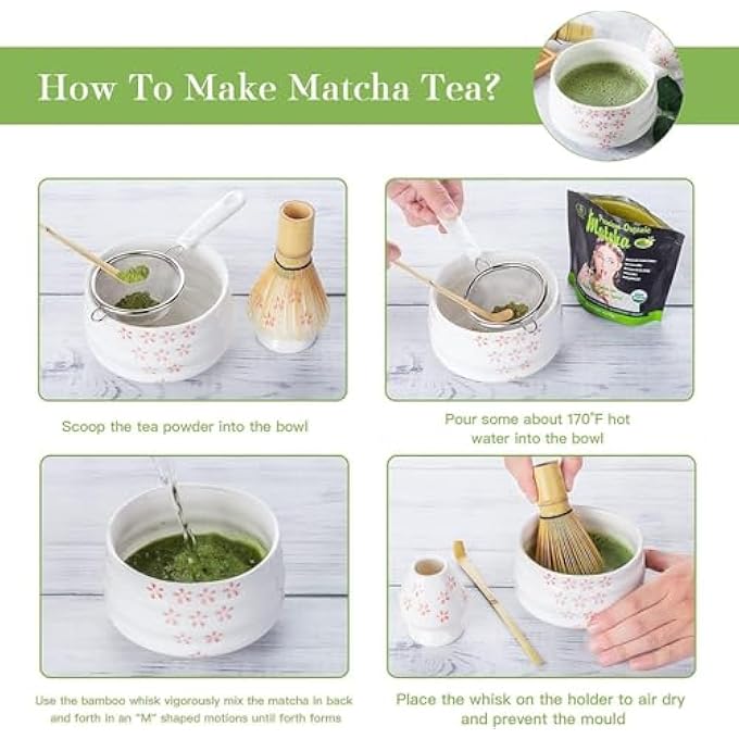 MostNow 4Pcs Matcha Tea SetTraditional Japanese Matcha Tea Ceremony Kit With Bamboo Whisk  Matcha Bowl With Spout  Matcha Whisk Holder  Sifter Cherry - Image 4