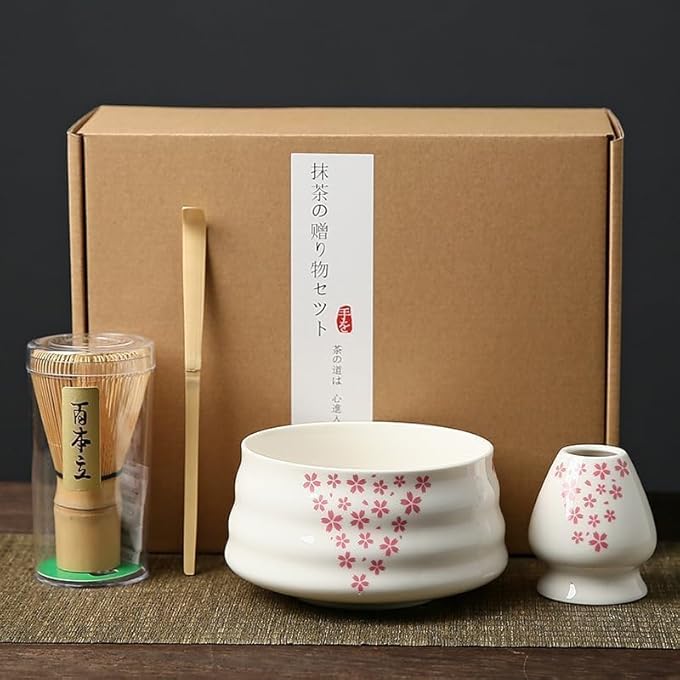 MostNow 4Pcs Matcha Tea SetTraditional Japanese Matcha Tea Ceremony Kit With Bamboo Whisk  Matcha Bowl With Spout  Matcha Whisk Holder  Sifter Cherry - Image 1
