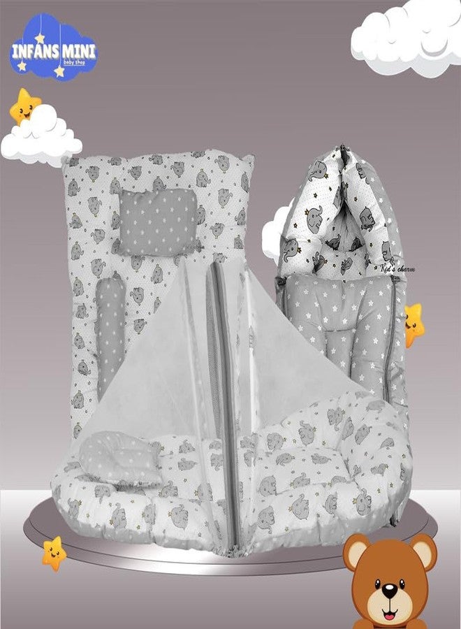 Infans Mini New Born Baby Bedding Set Premium Cotton|Baby Carry Bed|Mosquito Net Bed|Baby Sleeping Bed for 4-8 Months Babies(Mega)|Unisex 3 Pcs Portable Bedding Set |(Elephant Grey) - Image 5