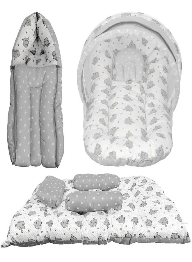 Infans Mini New Born Baby Bedding Set Premium Cotton|Baby Carry Bed|Mosquito Net Bed|Baby Sleeping Bed for 4-8 Months Babies(Mega)|Unisex 3 Pcs Portable Bedding Set |(Elephant Grey) - Image 1